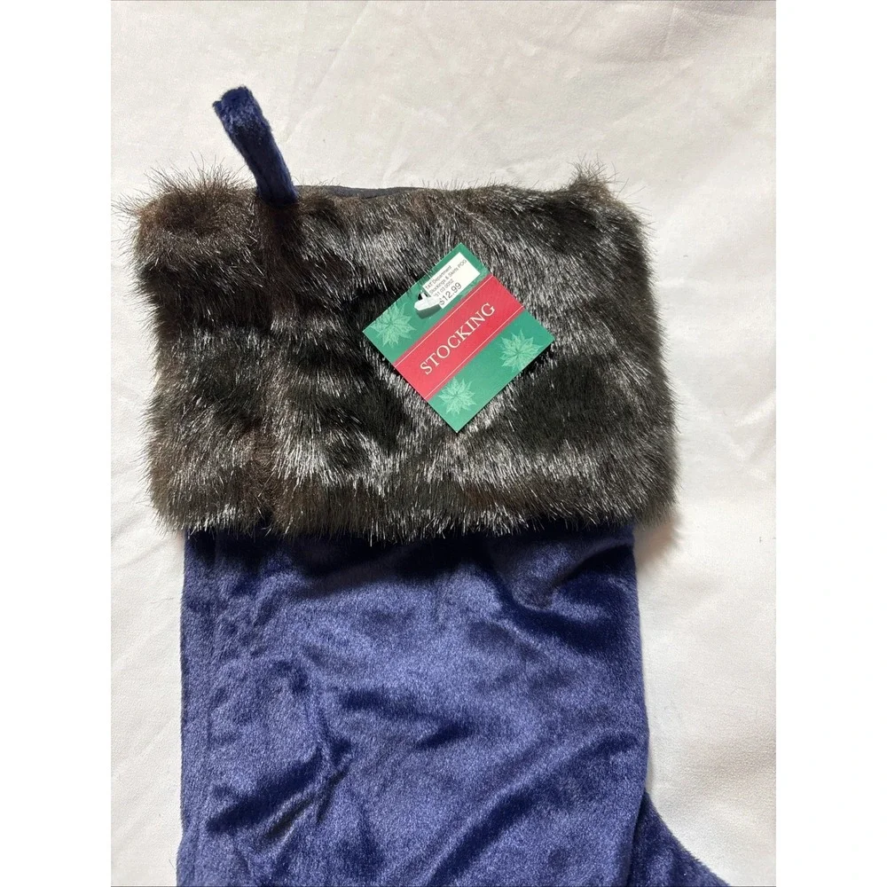 NEW NAVY BLUE‎ CHRISTMAS STOCKING BROWN FAUX FUR CUFF Approx 16